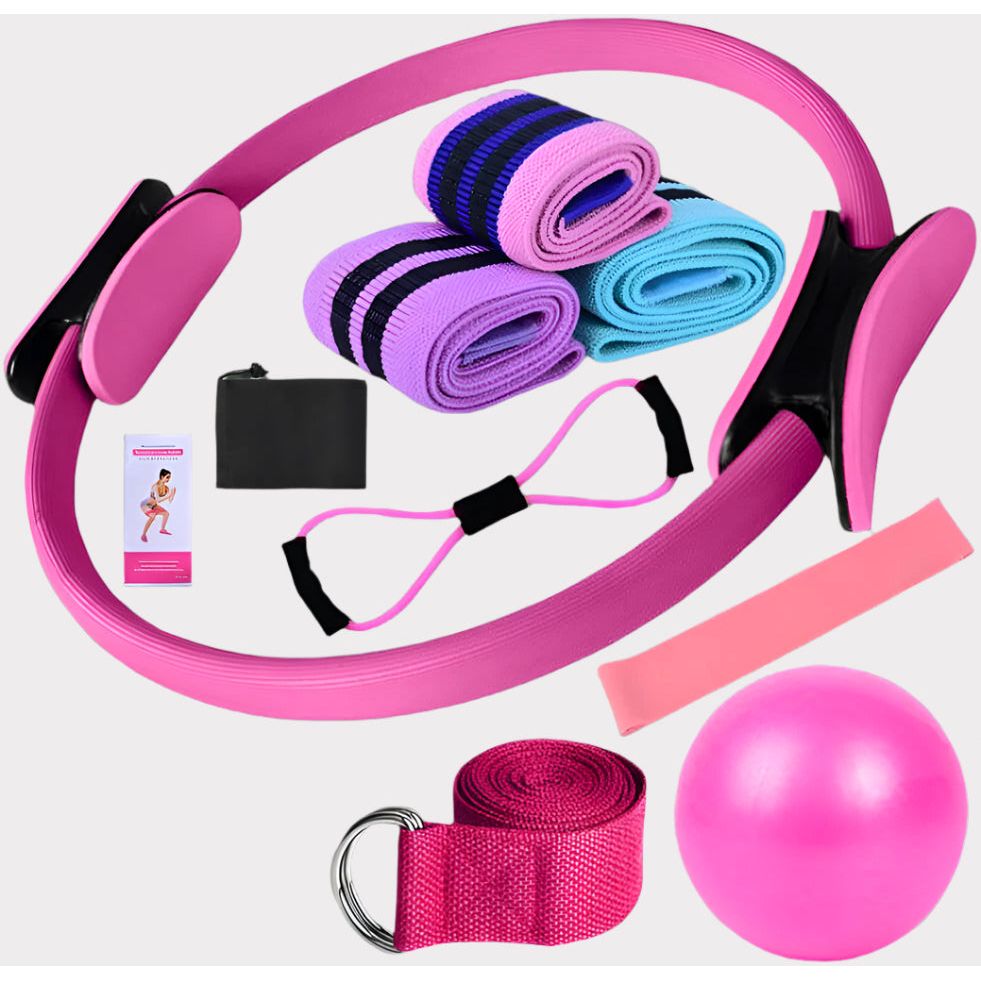 SOUUXIU Conjuntos de ioga para mulheres pilates em casa equipamento pilates anel mágico bandas para glúteos para exercitar glúteos bola de ioga 25 cm figura 8 faixas de resistência bandas de ioga