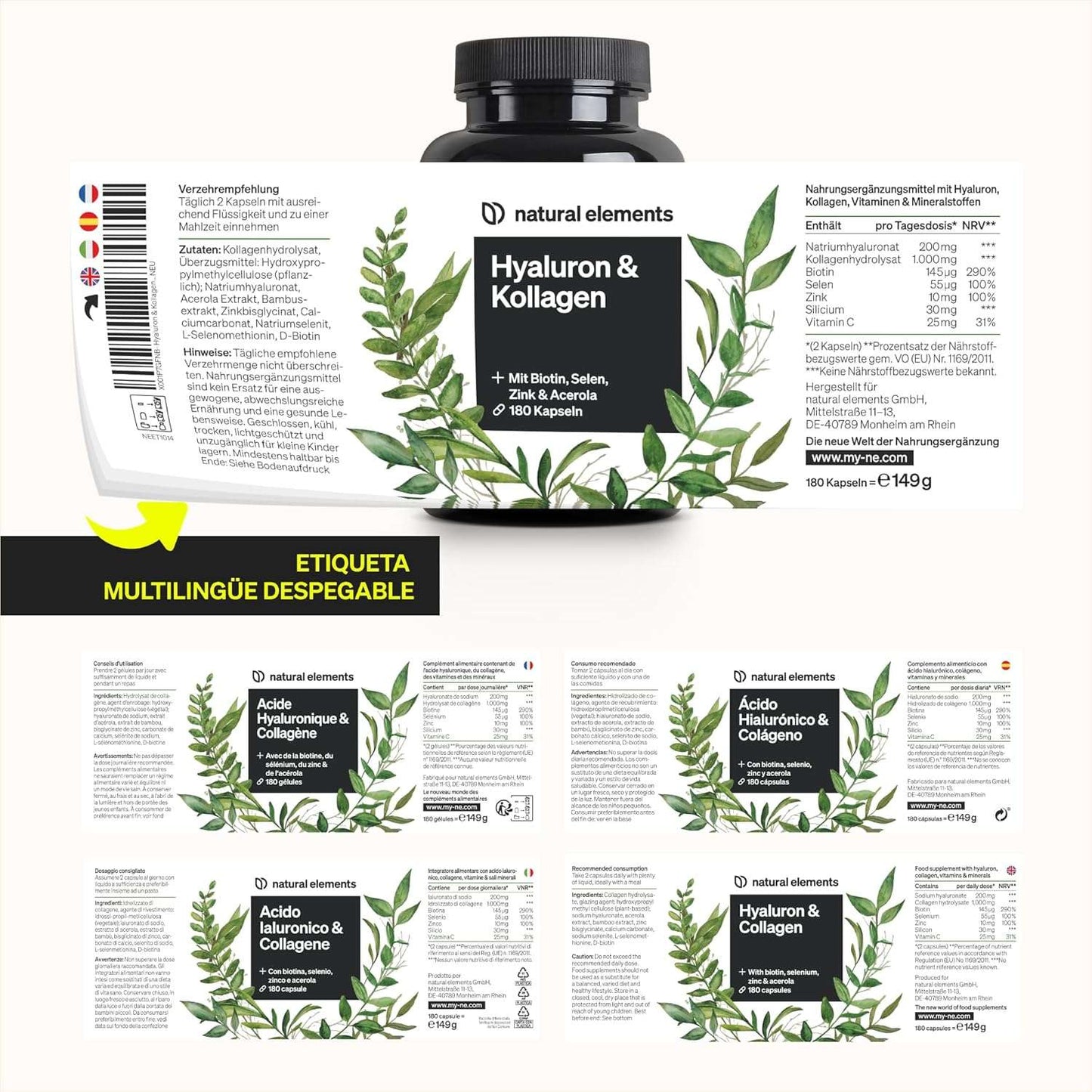 Colágeno + Ácido hialurónico - 180 Cápsulas - Con biotina, selenio, zinc, silicio y vitamina C (Acerola) - Para la piel, el cabello y articulaciones - 1000mg de colágeno hidrolizado