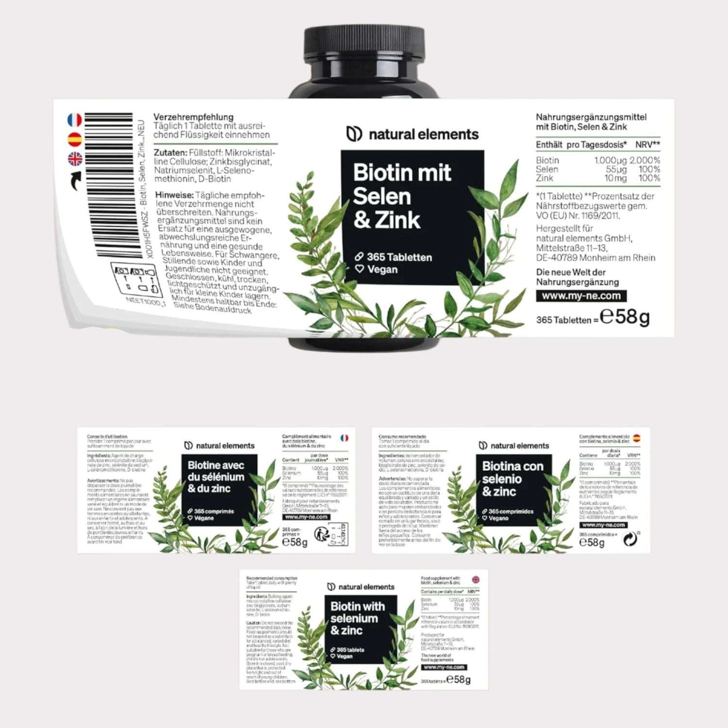 Biotina + Zinc + Selenio - 365 pastillas veganas (Suministro para 1+ año) - Vitaminas para el cabello - Apoya el crecimiento del pelo, fortalece la piel y las uñas - Sin aditivos